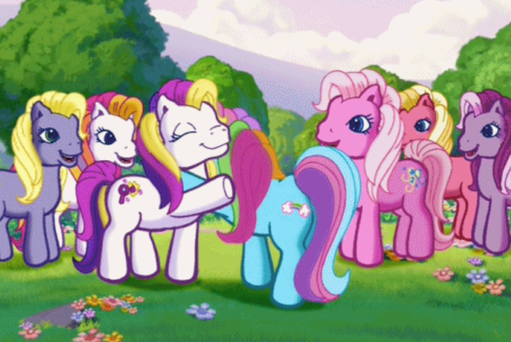 Size: 722x483 | Tagged: safe, derpibooru import, screencap, daisyjo, pinkie pie (g3), puzzlemint, rainbow dash (g3), sunny daze (g3), wysteria, earth pony, pony, catchphrase, cute, dawwsyjo, eyes closed, female, flower, forsythia (g3), g3, g3 dashabetes, g3 dazeabetes, g3 diapinkes, g3 forsythiabetes, greetings from unicornia, group, group shot, hug, image, mare, no kidding, open mouth, open smile, png, ponyville (g3), puzzlebetes, smiling, talking, tree, wysteriadorable