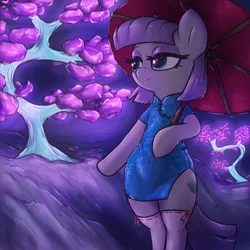 Size: 3000x3000 | Tagged: safe, artist:t72b, derpibooru import, maud pie, parasol, earth pony, pony, alternate design, bipedal, bipedal leaning, bonsai, cheongsam, clothes, dress, female, gem, glow, hoof hold, image, leaning, mare, png, rock, side slit, smiling, socks, solo, stockings, stone, that pony sure does love rocks, thigh highs, tree, umbrella, when she smiles