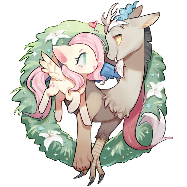 Size: 2048x2048 | Tagged: safe, artist:kura, derpibooru import, discord, fluttershy, dragon, pegasus, pony, discoshy, dragoness, duo, female, flower, heart, image, jpeg, looking at each other, looking at someone, male, mare, open mouth, open smile, shipping, simple background, smiling, straight, white background