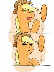 Size: 1536x2048 | Tagged: safe, artist:batipin, derpibooru import, applejack, earth pony, pony, ..., 2 panel comic, comic, image, jpeg, open mouth, solo, speech bubble