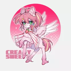 Size: 2000x2000 | Tagged: safe, artist:kura, derpibooru import, oc, oc:cream sweetie, unofficial characters only, pegasus, pony, female, food, image, jpeg, looking at you, mare, pegasus oc, simple background, solo, strawberry, white background, wings