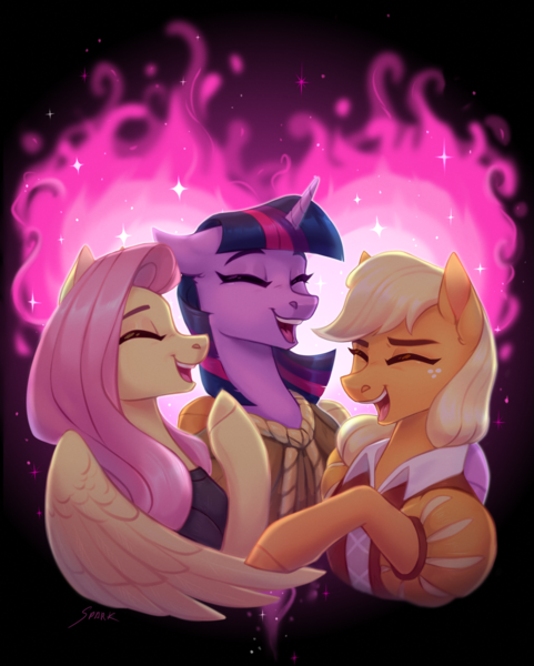 Size: 2570x3208 | Tagged: safe, artist:sparkling_light, derpibooru import, applejack, clover the clever, fluttershy, private pansy, smart cookie, twilight sparkle, earth pony, pegasus, pony, unicorn, hearth's warming eve (episode), bust, clover the clever's cloak, eyes closed, female, fire of friendship, floppy ears, happy, high res, image, mare, open mouth, png, smiling, trio, unicorn twilight