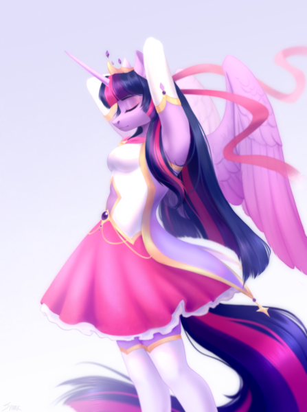 Size: 3008x4039 | Tagged: safe, artist:sparkling_light, derpibooru import, twilight sparkle, twilight sparkle (alicorn), alicorn, anthro, clothes, crown, dress, eyes closed, female, gloves, high res, image, jewelry, long gloves, magical girl, navel cutout, png, profile, regalia, ribbon, socks, solo, stockings, thigh highs