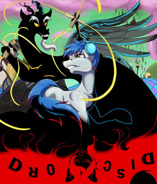 Size: 8296x9722 | Tagged: safe, artist:mixdaponies, derpibooru import, discord, oc, oc:the living tombstone, earth pony, unicorn, season 2, chaos, discord song, earth pony oc, eurobeat brony, headphones, horn, image, jpeg, unicorn oc