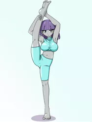 Size: 1536x2048 | Tagged: suggestive, alternate version, artist:batipin, derpibooru import, maud pie, human, armpits, barefoot, belly button, big breasts, breasts, busty maud pie, feet, female, flexible, humanized, image, jpeg, raised leg, reflection, sexy, simple background, solo, splits, standing, standing splits, stretching, stupid sexy maud pie, tight clothing, white background