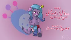 Size: 1920x1080 | Tagged: suggestive, artist:christian silvermoon, derpibooru import, izzy moonbow, pony, unicorn, adult foal, ball, blushing, diaper, ear blush, embarrassed, female, frog (hoof), g5, hearts and hooves day, image, izzy's tennis ball, mare, png, shy, smiling, solo, story in the source, story included, tennis ball, underhoof