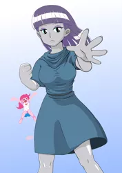 Size: 1448x2048 | Tagged: safe, alternate version, artist:batipin, derpibooru import, maud pie, pinkie pie, equestria girls, ><, breasts, busty maud pie, eyes closed, female, gradient background, image, jpeg, jumping, solo focus