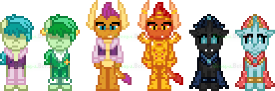 Size: 552x184 | Tagged: safe, artist:creepa-bot inc., derpibooru import, ocellus, sandbar, smolder, changedling, changeling, dragon, earth pony, pony, armor, clothes, colt, deltarune, dragoness, female, image, jacket, kris, male, pixel art, png, pre changedling ocellus, ralsei, susie (deltarune), watermark