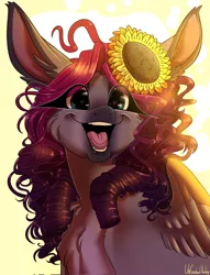 Size: 1565x2048 | Tagged: safe, artist:unfinishedheckery, derpibooru import, oc, unofficial characters only, pegasus, bedroom eyes, bust, digital art, female, flower, flower in hair, image, jpeg, looking at you, open mouth, portrait, simple background, solo, wings