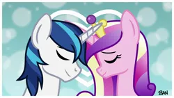 Size: 2112x1188 | Tagged: safe, artist:banquo0, derpibooru import, princess cadance, shining armor, alicorn, pony, unicorn, ^^, crossed horns, duo, eyes closed, female, heart, horn, horns are touching, image, jpeg, love, male, mare, shiningcadance, shipping, stallion, straight