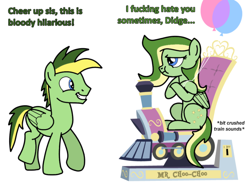 Size: 943x703 | Tagged: safe, artist:didgereethebrony, derpibooru import, oc, oc:boomerang beauty, oc:didgeree, pegasus, pony, balloon, base used, boomeree, brother and sister, dialogue, female, image, kiddie ride, male, png, pouting, siblings, simple background, smiling, trace, train, transparent background, unamused, vulgar
