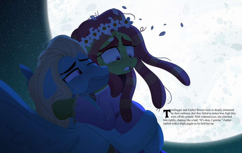 Size: 7125x4500 | Tagged: safe, artist:heavysplatter, derpibooru import, tree hugger, zephyr breeze, earth pony, pegasus, pony, absurd resolution, bridal carry, carrying, clothes, dress, female, floral head wreath, flower, full moon, gritted teeth, image, loose hair, male, mare, moon, neck hug, nervous, png, shipping, smiling, stallion, straight, zephyrhugger
