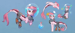 Size: 2854x1252 | Tagged: safe, artist:rexyseven, derpibooru import, oc, oc:koraru koi, unofficial characters only, butterfly, insect, merpony, sea pony, seapony (g4), abstract background, amputee, blue background, bubble helmet, cracked, female, gills, image, png, prosthetic leg, prosthetic limb, prosthetics, rebreather, simple background, smiling, solo, sticky note, swimming, tape, text, underwater, water