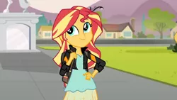 Size: 3410x1920 | Tagged: safe, derpibooru import, screencap, sunset shimmer, equestria girls, friendship games, backpack, clothes, cute, female, hand on hip, high res, image, jacket, jpeg, leather, leather jacket, shimmerbetes, smiling, solo, statue