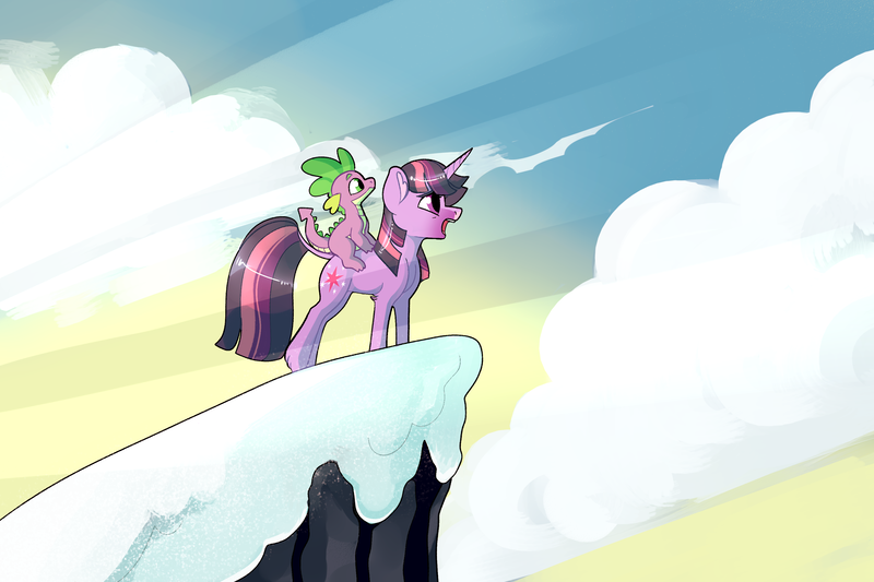 Size: 3600x2400 | Tagged: safe, artist:loryska, derpibooru import, spike, twilight sparkle, dragon, pony, winter wrap up, dragons riding ponies, februpony, image, png, riding, scene interpretation, snow