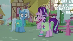 Size: 1280x720 | Tagged: safe, derpibooru import, edit, edited screencap, editor:quoterific, screencap, starlight glimmer, trixie, pony, unicorn, season 9, student counsel, spoiler:s09, angry, bag, duo, female, floppy ears, image, jpeg, mare, open mouth, open smile, saddle bag, smiling, trixie is not amused, unamused