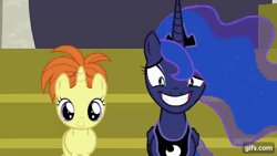 Size: 640x360 | Tagged: safe, derpibooru import, screencap, princess luna, alicorn, pony, unicorn, a royal problem, season 7, animated, crown, duo, female, filly, foal, frown, gif, gifs.com, grin, image, jewelry, mare, nervous, nervous grin, regalia, smiling