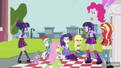 Size: 640x360 | Tagged: safe, derpibooru import, screencap, applejack, fluttershy, pinkie pie, rainbow dash, rarity, sci-twi, spike, spike the regular dog, sunset shimmer, twilight sparkle, dog, equestria girls, friendship games, animated, applejack's hat, belt, boots, bracelet, canterlot high, clothes, cowboy boots, cowboy hat, cutie mark, cutie mark on clothes, denim skirt, drinking, female, gif, gifs.com, glasses, hairpin, hat, humane five, humane seven, humane six, image, jewelry, juice, juice box, male, open mouth, shoes, skirt, smiling, statue