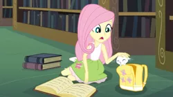 Size: 3410x1920 | Tagged: safe, derpibooru import, screencap, angel bunny, fluttershy, rabbit, equestria girls, friendship games, angelbetes, animal, backpack, book, boots, clothes, cute, duo, eyes closed, female, high res, image, jpeg, male, open mouth, shoes, smiling