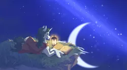 Size: 3600x2000 | Tagged: safe, artist:hichieca, derpibooru import, oc, oc:aquaria lance, pony, unicorn, book, cape, cliff, clothes, image, jpeg, lantern, moon, mountain, night, reading, solo, stars, study, studying