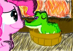 Size: 965x681 | Tagged: safe, artist:oatmeal-is-crazy, artist:potatoo-tree, derpibooru import, gummy, pinkie pie, 2012, crying, deviantart muro, fire, image, one eye closed, png, wink