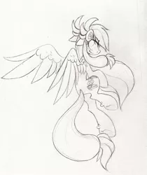 Size: 591x703 | Tagged: safe, alternate version, artist:terror--bite, artist:the--cloudsmasher, derpibooru import, oc, oc:time pulse, pegasus, pony, 2012, clock, female, flying, image, jpeg, mare, monochrome, sketch, solo, steampunk