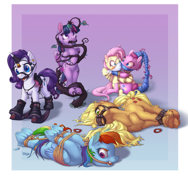 Size: 2086x1968 | Tagged: questionable, artist:gor1ck, derpibooru import, applejack, fluttershy, pinkie pie, rainbow dash, rarity, twilight sparkle, earth pony, pegasus, pony, unicorn, bell, bit gag, blushing, bondage, bound and gagged, cloth gag, cross-popping veins, duct tape, female, femsub, gag, harness, image, jpeg, magic suppression, mane six, muzzle gag, rocking horse, rope, rope bondage, rope gag, saddle, simple background, submissive, tack, tape, tape gag, vine