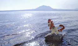 Size: 1024x605 | Tagged: safe, derpibooru import, photographer:pakapaka1993, autumn blaze, kirin, image, irl, irl photo, japan, jpeg, mountain, ocean, photo, plushie, rock, solo, water