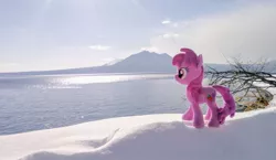 Size: 1024x595 | Tagged: safe, derpibooru import, photographer:pakapaka1993, berry punch, berryshine, earth pony, pony, image, irl, irl photo, japan, jpeg, mountain, ocean, photo, plushie, snow, solo, water, winter