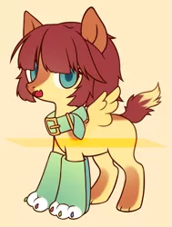 Size: 939x1244 | Tagged: safe, artist:miioko, derpibooru import, oc, unofficial characters only, hybrid, pegasus, pony, collar, image, open mouth, paws, pegasus oc, png, simple background, solo, wings, yellow background