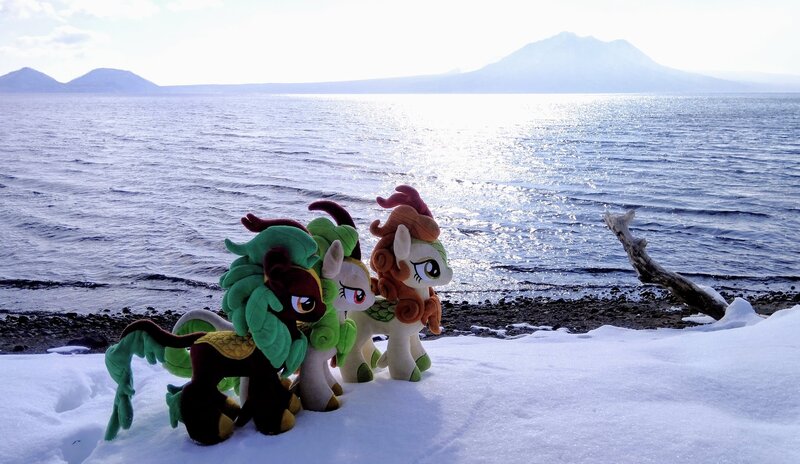 Size: 2048x1189 | Tagged: safe, derpibooru import, photographer:pakapaka1993, autumn blaze, cinder glow, spring glow, summer flare, kirin, pony, image, irl, irl photo, japan, jpeg, mountain, ocean, photo, plushie, snow, trio, water, winter