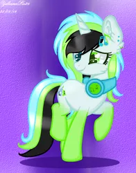 Size: 816x1040 | Tagged: safe, artist:yulianapie26, derpibooru import, oc, unofficial characters only, pony, unicorn, abstract background, coat markings, ear piercing, eyelashes, female, headphones, heterochromia, horn, image, looking back, mare, piercing, png, socks (coat marking), solo, unicorn oc