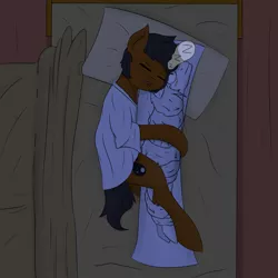Size: 2953x2953 | Tagged: safe, artist:depressant, derpibooru import, oc, oc:astral claw, oc:calm field, earth pony, unicorn, bed, body pillow, hug, image, png, sleeping, white shirt