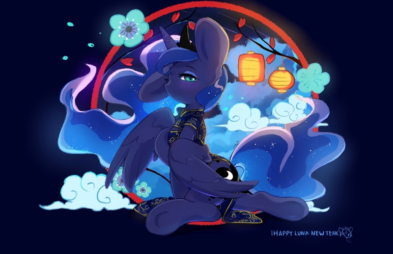 Size: 2114x1370 | Tagged: safe, artist:bubbletea, derpibooru import, princess luna, alicorn, chinese dress, chinese new year, clothes, cloud, dress, female, g4, image, jpeg, lantern, moon, night, night sky, paper lantern, peaceful, sky, solo