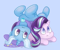 Size: 2160x1803 | Tagged: safe, artist:limitmj, derpibooru import, starlight glimmer, trixie, pony, unicorn, to change a changeling, cape, clothes, hat, high res, image, lying down, on back, png, scene interpretation, trixie's cape, trixie's hat