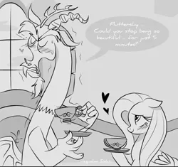Size: 720x676 | Tagged: safe, artist:naquelinedelch2, derpibooru import, discord, fluttershy, blushing, cup, dialogue, fluttershy's cottage, heart, image, implied discoshy, implied shipping, implied straight, monochrome, png, shaking, spanish description, sweat, sweatdrop, teacup