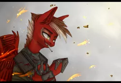 Size: 2128x1458 | Tagged: semi-grimdark, artist:deathplace69, derpibooru import, oc, oc:markerlight, pegasus, pony, fallout equestria, armor, cigarette, fire, half bat pony, image, male, png, raider, raider armor, stallion