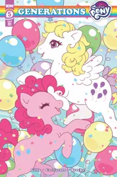 Size: 1186x1800 | Tagged: safe, artist:celesse, derpibooru import, idw, pinkie pie, surprise, earth pony, pegasus, pony, spoiler:comic, spoiler:comicgenerations05, balloon, comic, confetti, cover, duo, g1, g1 to g4, g4, generation leap, generational leap, generational ponidox, image, jpeg, my little pony generations