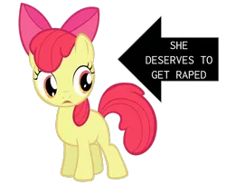 Size: 770x629 | Tagged: semi-grimdark, artist:spikesmustache, derpibooru import, edit, apple bloom, earth pony, pony, apple bloom's bow, arrow, bait, bow, female, filly, foal, hair bow, image, implied foalcon, implied rape, op is a duck, op is on drugs, op is trying to start shit, op is trying to start shit so badly that it's kinda funny, png, simple background, solo, text, transparent background, underage