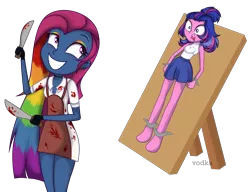 Size: 2976x2288 | Tagged: semi-grimdark, artist:c1trine, artist:yaya54320bases, derpibooru import, oc, oc:cupcake splatter, oc:estella sparkle, unofficial characters only, equestria girls, apron, barefoot, base used, blood, bondage, clothes, commission, duo, equestria girls-ified, evil grin, eyeshadow, feet, female, gloves, grin, image, knife, magical lesbian spawn, makeup, multicolored hair, offspring, open mouth, parent:flash sentry, parent:pinkie pie, parent:rainbow dash, parent:twilight sparkle, parents:flashlight, parents:pinkiedash, png, rainbow hair, scared, shirt, simple background, skirt, sleeveless, sleeveless sweater, smiling, sweater, table, tattoo, this will end in death, transparent background, unsexy bondage, ych result