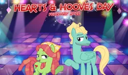 Size: 2064x1218 | Tagged: safe, artist:19crowbar19, artist:90sigma, derpibooru import, tree hugger, zephyr breeze, earth pony, pegasus, 2022, dance floor, dancing, disco, disco ball, february, female, hearts and hooves day, holiday, image, looking at each other, looking at someone, lyrics in the description, male, png, shake your groove thing, shipping, smiling, song in the description, straight, valentine's day, youtube link in the description, zephyrhugger