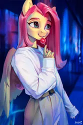 Size: 1280x1923 | Tagged: safe, artist:annna markarova, derpibooru import, fluttershy, anthro, candy, chromatic aberration, clothes, evening, female, food, holding, image, lollipop, looking away, open mouth, outdoors, pants, png, pullover, smiling, solo, standing, three quarter view, winged anthro, wings