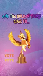 Size: 640x1136 | Tagged: dead source, safe, derpibooru import, official, alicorn, pony, my little pony: a new generation, 2d, 3d, award, g5, glossy, gold, golden, happy, horn, image, instagram, instagram story, looking at you, png, raised hoof, raised hooves, shiny, short hair, simple background, smiling, social media, standing, statue, unknown gender, unknown pony, vote, wings