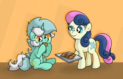 Size: 3934x2531 | Tagged: safe, artist:background basset, derpibooru import, bon bon, lyra heartstrings, sweetie drops, earth pony, pony, unicorn, abstract background, baking sheet, cookie, cute, eating, female, food, happy, image, lyrabetes, mare, png, sitting, smiling