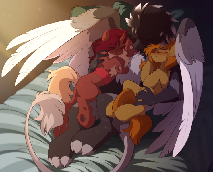 Size: 2670x2160 | Tagged: safe, artist:crimmharmony, derpibooru import, oc, oc:flechette, oc:pumpkin spice, unofficial characters only, bat pony, changeling, gryphon, insect, moth, mothling, original species, bed, blushing, chest fluff, claws, cuddling, eyes closed, horn, image, pillow, png, red changeling, species swap, tail, wings