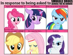 Size: 716x552 | Tagged: suggestive, derpibooru import, applejack, fluttershy, pinkie pie, rainbow dash, rarity, twilight sparkle, earth pony, pegasus, pony, unicorn, 6 pony meme, bend over, drugs, exploitable meme, image, mane six, meme, png