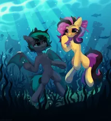 Size: 1280x1392 | Tagged: safe, artist:astralblues, derpibooru import, oc, unofficial characters only, bat pony, earth pony, fish, jellyfish, pony, bat wings, bubble, chest fluff, colored pupils, crepuscular rays, ear fluff, fangs, female, freckles, green eyes, image, jpeg, looking at each other, looking at someone, male, mare, ocean, pink eyes, ribbon, seaweed, shipwreck, smiling, smiling at each other, spread wings, stallion, sunlight, underwater, water, wings