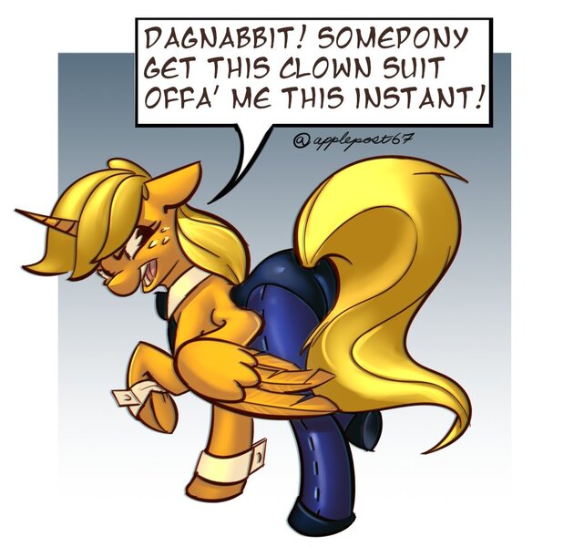 Size: 1011x946 | Tagged: safe, artist:applepost67, derpibooru import, applejack, alicorn, pony, alicornified, applebutt, applecorn, applejack is not amused, butt, clothes, cuffs (clothes), female, image, jpeg, looking back, mare, pantyhose, plot, race swap, solo, speech bubble, unamused