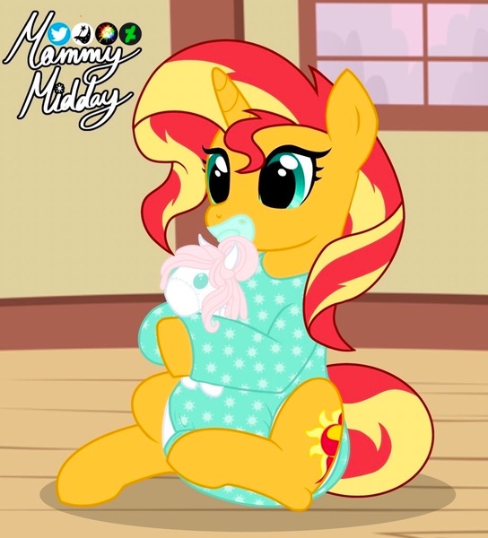 Size: 928x1024 | Tagged: questionable, artist:mommymidday, derpibooru import, sunset shimmer, pony, unicorn, abdl, adult foal, big eyes, clothes, cute, cutie mark, diaper, diaper fetish, fetish, g4, image, jpeg, onesie, pacifier, plushie, poofy diaper, show accurate, show accurate porn, signature, sitting, solo, tail, two toned mane, two toned tail