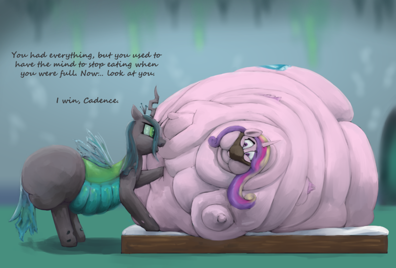 Size: 2881x1951 | Tagged: questionable, artist:lupin quill, derpibooru import, princess cadance, queen chrysalis, alicorn, changeling, pony, fanfic:feedbag, bad end, bed, belly, belly bed, big belly, bingo wings, butt, dialogue, double chin, fat, fat fetish, feed bag, female, fetish, flabby chest, force feeding, huge belly, huge butt, image, immobile, impossibly large belly, impossibly large butt, impossibly obese, large butt, lineless, lovebutt, mirror, morbidly obese, multichin, neck roll, obese, open mouth, png, poking, princess decadence, queen chrysalard, rolls of fat, squish, the ass was fat, triple chin